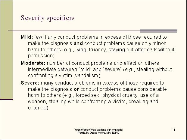 Severity Specifiers Conduct Disorder CEUs 